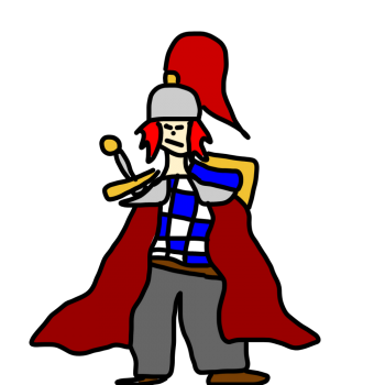 Un soldat avec une armure carotté blanche et bleu et des cheveux rouges